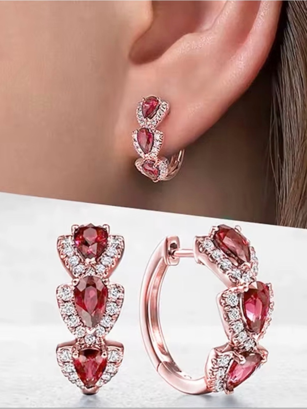 Macy’s Ruby Simulant & Diamond Simulant Rose Gold Tone Hoop Earrings NWOT